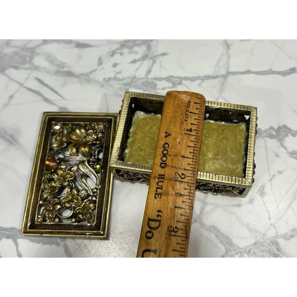 Vintage Hollywood Regency Jeweled Floral Jewelry Casket Trinket Box Gold Tone